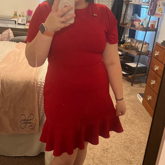Aura Dresses & Skirts - Red Short Sleeve Ruffle Trim Dress